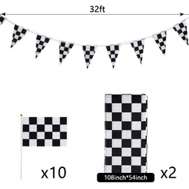 Checkered Flags Set, Race Car Flags Party Supplies Decorations Include 10 Packs Checkered Flags, 32 ft Checkered Race Flag Banner, 2 Packs Table Covers for Checkered Racing Flag Birthdays Party