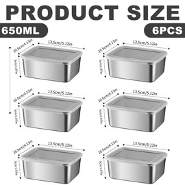 6 Pieces Stainless Steel Food Containers with Lids 650ml Lunch Box Snack Storage Box Stackable Meal Prep Boxes Portable Food Box Leakproof Reusable Bento Box for Kids Adults Travel School Office Home