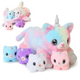 SQEQE Colorful Unicorn Cat Plush with 4 Babies in Her Tummy, Stuffed Cotton Cat Plush Animal Toy Gift for Girls Boys