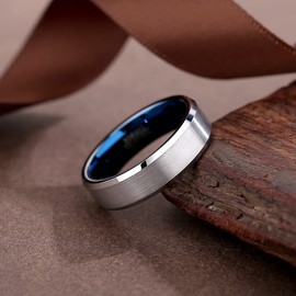 083BASE Unisex Tungsten Ring Black/Silver Blue, 4 mm/6 mm/8 mm Width, Brushed Metal Design, Bevelled Edges, Women's/Men's Jewellery in Various Sizes