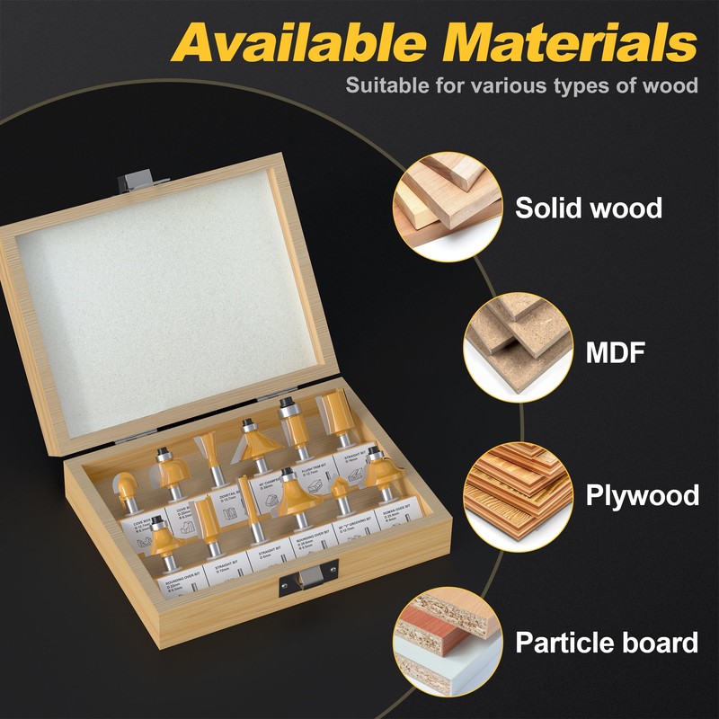 REKCKRUL 12 Pieces Tungsten Carbide Router Bit Set 1/4 Inch