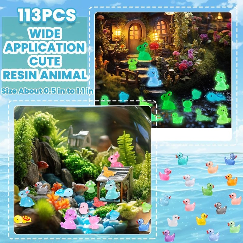 XIMISHOP 113PCS Mini Luminous Resin Animals，Coloful Cute Mini Resin Animals