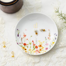 Crisky Ceramic Jewelry Tray Ring Dish, Decorative Trinket Dish for Rings Earrings Necklaces Keys, Key Tray, Engagement Gift, Birthday Christmas Gift for Women, Friends 4.57" (Wildflower Gold Foil D)