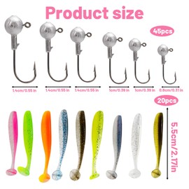 65 Pcs Set Jig Heads for Fishing Lures, Soft Plastic Lures Kit with Various Weights, Ideal for Freshwater and Saltwater Fishing, Perch lures, Bass, Trout, Pike fishing