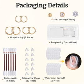 Disposable Ear Piercing Kit with 6 Piercing Guns, 3 Pairs of Earrings, Mark Pen, Iodophor Swabs, Cartilage Jewelry Studs & Accessories, Easy at Home Use (Gold)