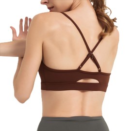 AMRIY Women's Light Support Sports Bra Adjustable Thin Straps Criss Cross Back Open Back Removable Pads Yoga Workout Bra Brown,M