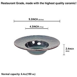 LIUYWYHCF Ceramic Rimmed Soup Plate, Soup Bowl 6.4 oz, Pasta Bowl Set of 4, Shallow Bowl Plate with Rim, Best choice for high-end restaurants, hotels, and foodies (Teal reactive glaze, 9.3 Inch)