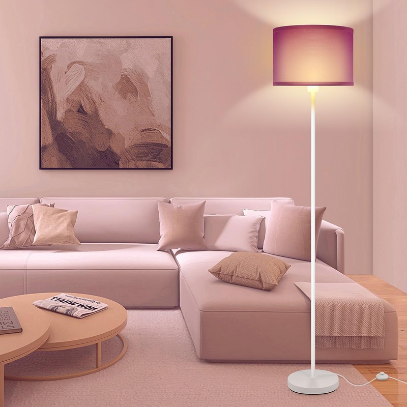 Modern White Floor Lamp with Purple Lampshade, 59" Tall, Foot