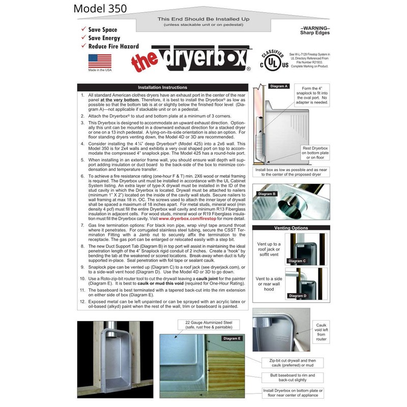 Dryerbox Model 350 DB-350 | New Construction 2x4 Walls -