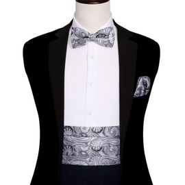 Barry.Wang Mens Silver Cummerbund Bow Tie Set, Silk Cummerbund Pretied Bow Tie Hankerchief Cufflinks