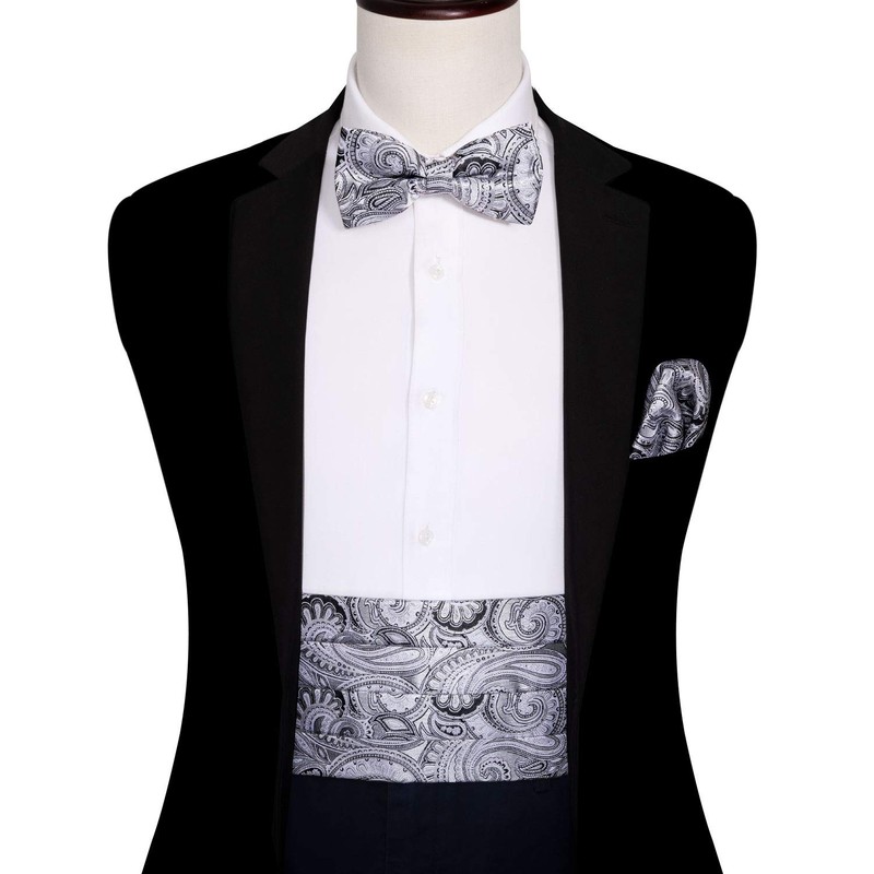 Barry.Wang Mens Silver Cummerbund Bow Tie Set, Silk Cummerbund Pretied