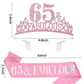 Hapdoo Pink 65th Birthday Decoraions for Women, 65th Birthday Sash and Crown Happy 65 and Fabulous Tiara and Sash Set Party Decorations