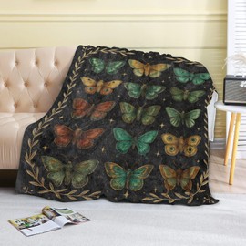 coedoaes Vintage Moth and Butterfly Fleece Blanket,50x60in,Elegant Insect Golden Laurel Frame Black Throw Blankets,Soft Cozy Lightweight, Ideal for Bed Living Room Home Cool Decor,Women Gifts