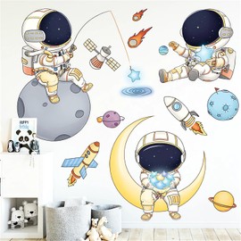 Adhesivos de pared de astronautas del espacio de dibujos animados lindos, sacinora Calcomanía de pared cósmica de cielo estrellado, vinilo removible que se pela y se pega para bebés, niños, guardería