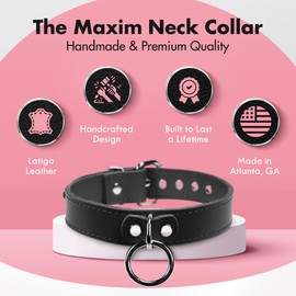 VP Leather Martin Collar – Stylish Adjustable Neck Collar for Men & Women - Top Grain Leather & Soft Lambskin, Fashionable Design w/Nickel Plated Buckles, Eyelets, Studs & O-ring (Black, Large)