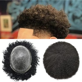 Afro Toupee for Black Men Full Poly Man 10mm Weave Hair Unit Black African American Men Wig Injected Pu Hairpieces (#1B Off Black)