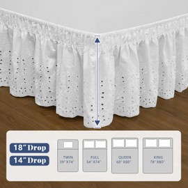 ANARACHON Twin Bed Skirt, Wrap-Around Elastic Ruffled Eyelet Bed Skirt Twin Size Dust Ruffle with Gathered Styling and Embroidered Details, 14" Drop Length (White)