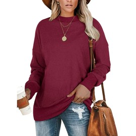 PLMOKEN Plus Size Sweatshirts for Women Casual Long Sleeve Round Neck Shirts tunic tops for Leggings M-4XL (L, Wine Red)