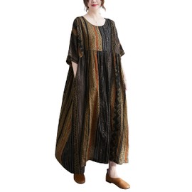 ellazhu Women's Plus Size Summer Half Sleeve Bohemian Oversized Boho Maxi Scoop Neck Printed Flowy Beach Dress GA2526 Coffee66