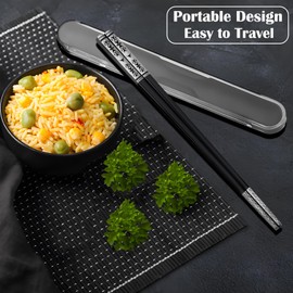 Metal Chopsticks Reusable 1 Pair Stainless Steel Travel Chopsticks Dishwasher Safe Square Lightweight Non-Slip Chop Sticks with case (Black)