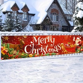 BlissYard Merry Christmas Banner 79x18 Inches Santa Sleigh and Reindeer Christmas Fence Banner Outdoor Holiday Backdrop for Yard Wall Christmas Door Decorations Large Winter Backdrop Outdoor Display