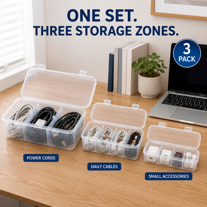 3-Pack Transparent Cable Organizer Storage Boxes with Lids and Dividers