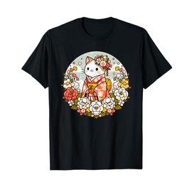 Kimono Cat with Flowers Japanese Kawaii Art T-Shirt