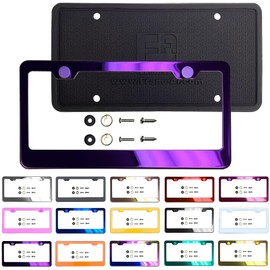 T304 Stainless Steel License Plate Frame Purple Mirror Chrome Electroplating Universal Fit Aluminum Screw On Cap Cover, Rust Proof Weather Proof Steel Screws Silicone Back Guard (Qty: 1 Frame)