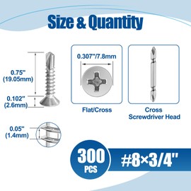 ANCHOREASE #8×3/4″ Sheet Metal Screws 300Pcs, 410 Stainless Steel Flat Head Cross Self Drilling Screws
