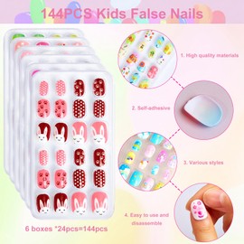 144Pcs Kids Stick on Nails - Pre-glue Full Cover Short Fake Nails for Kid - Kids False Nail Lovely Cartoon - Press on Nail for Children Girls Gift DIY Nail Art Nail Stickers (Pink Rose Blue)