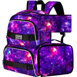 KLFVB Girls Backpack with Lunch Box, 17 Inch Cute Aesthetic School Backpacks, Anti Theft Water Resistant College Bookbag for Women Teens Primary Students - Galaxy Purple