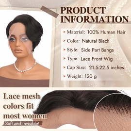 RUWISS Wave Lace Front Human Hair Wig with Side Part Bangs for Women, Natural Hairline 100% Real Human Hair Wigs Pixie Cut Short Bob Wig Daily Wear, Natural Black