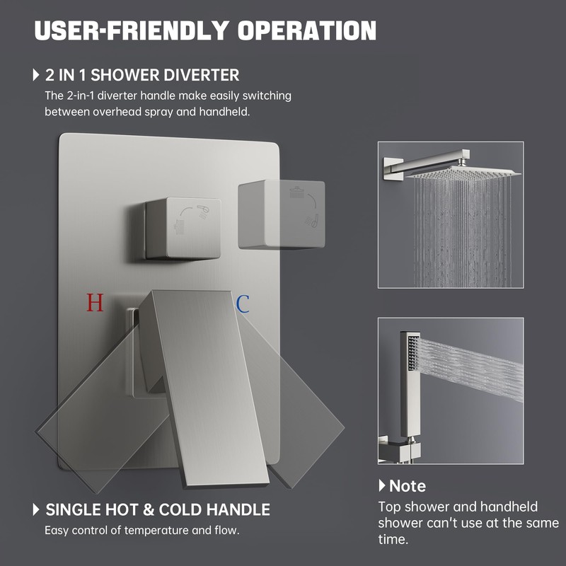 Square Rainfall Shower Head and Handle Set, 10 inch Wall