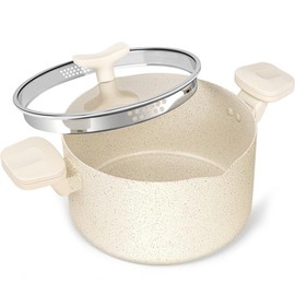 MICHELANGELO Pasta Pot with Strainer Lid, 6 Quart Cooking Pot with Twist and Lock Handles, Soup Pot with Nonstick Granite Coating, Spaghetti Pot - Color: White