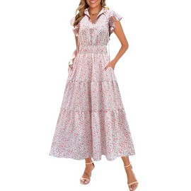 Kranda Summer Dress 2025 Fall Self-tie V Neck Ruffle Short Cap Sleeve Empire Waist Casual Long Tiered Beach Floral Boho Pink Floral Maxi Dress with Pockets L