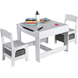 Fireflowery, 3-in-1 Wooden Activity w/Storage Drawer & Detachable Blackboard, 3-Piece Square Children Art Desk, Toddler Table&Chairs Kids Table and Chair Set, Large, Grey