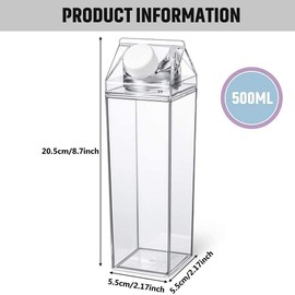 Milk Carton Water Bottle 17oz (500mL) Plastic Clear Square Milk Bottles BPA Free Leakproof Milk Carton Cups Portable Reusable Milk Carton Shaped Juice Bottle for Gym Outdoor Sports Travel Camping