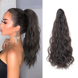 TTPSRY 50cm Water Wave Claw Clip Ponytail Hair Extensions Realistic Synthetic Hairpiece for Women Easy Clip In Style Adding Volume and Length(Brown black)