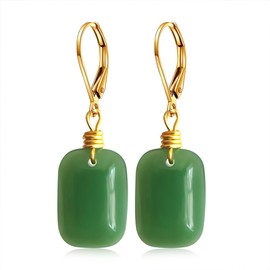 HQFJW Natural Geometric Jade Stone Drop Earrings,14K Gold Dainty Gemstone Dangle Earrings,Genuine Quartz Crystal Statement Earrings for Women (M01_Square Green Jade)