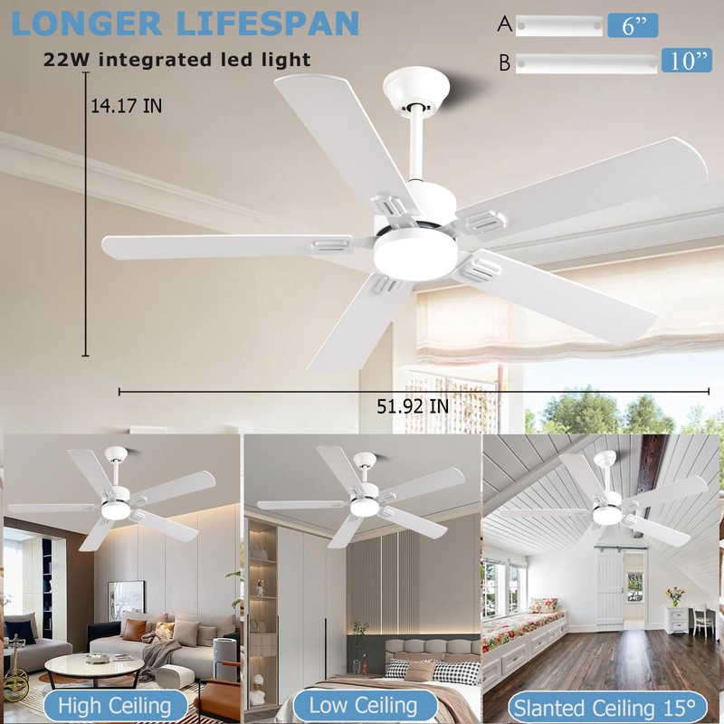 FUMLTP 52 inch Modern White Ceiling Fans with Lights APP/Remote