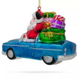 BESTPYSANKY Santa in a Convertible Car full of Gifts Glass Christmas Ornament 3.6 Inches