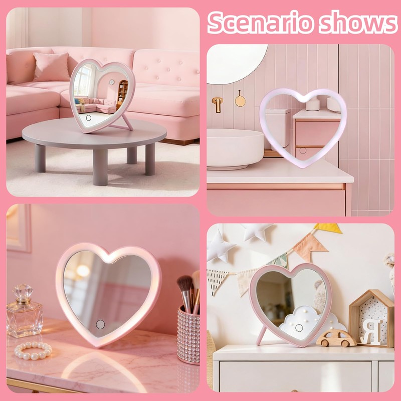 Taolivingmart Pink Heart LED Makeup Mirror Kids USB Foldable Travel