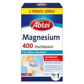 Abtei Magnesium 400 - Magnesium Tablets to Support Healthy Muscle Function - High Dose, 400 mg Magnesium - Gluten Free, Lactose Free, Vegan - Supply Pack for 3 Months, 90 Tablets