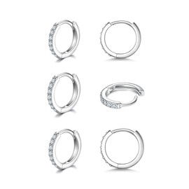 925 Sterling Silver Small Hoop Earrings Cubic Zirconia Huggie Hoop Earrings,3 Pairs 14K White Gold Plated Cartilage Piercing Earrings Ear Cuff Tiny Hoop Earrings for Women Men 8mm