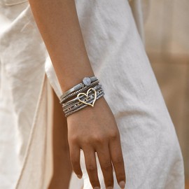 Fesciory Leopard Bracelet for Women, Boho Leather Wrap Multi-Layer Pearl Crystal Bracelet Bangle Jewelry (B33:Heart Leather(Silver))