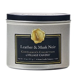 Village Candle Leather & Musk Noir Gentleman's Collection, 11 Ounce, Silver Tin with Black Lid