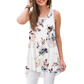 WNEEDU Women's Tank Tops Crewneck Tunic Summer Sleeveless T-Shirt BlouseBlouse(Flower White,M)
