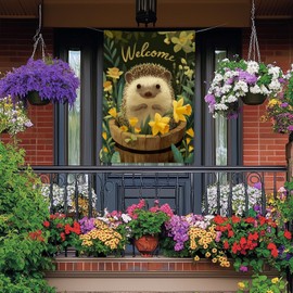 BlissYard Hedgehog House Flag 28 x 40 Inch Double Sided Spring Summer Garden Flag with Cute Hedgehog in Barrel Yellow Floral Welcome Sign for Porch Outdoor Yard Decor