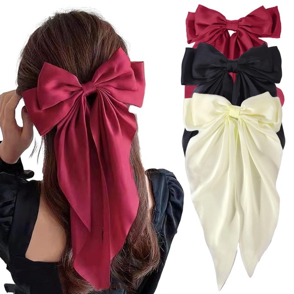papasgix Hair Bow Clips for Women, 3Pcs Hair Ribbons Big Hair Bow Clips Solid Burgundy Colorful Long Ribbon Bow Hair Clip Hair Bows Ribbon for Women Girls