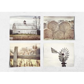 Lisa Russo Fine Art - Farmhouse Wall Decor Set of 4 Country Rustic Landscape Photographs - Barn, Fence, Hay, Windmill - Set of 4 - Not Framed - Beige, Tan, White (4 5x7 Prints)